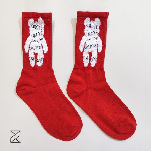 جوراب ساق‌بلند قرمز سفید خرسی کریسمسی یلدایی ولنتاین