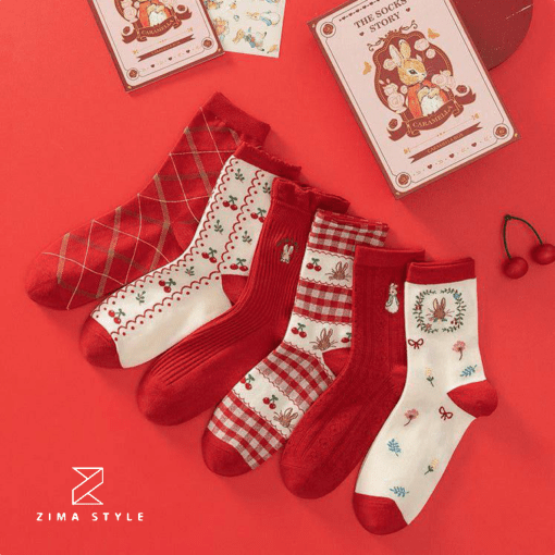 جوراب ساق بلند قرمز کریسمسی طرح خرگوش آلبالو و چهارخونه