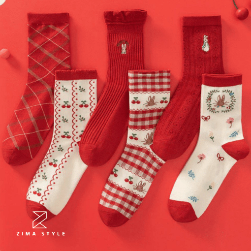 جوراب ساق بلند قرمز کریسمسی طرح خرگوش آلبالو و چهارخونه